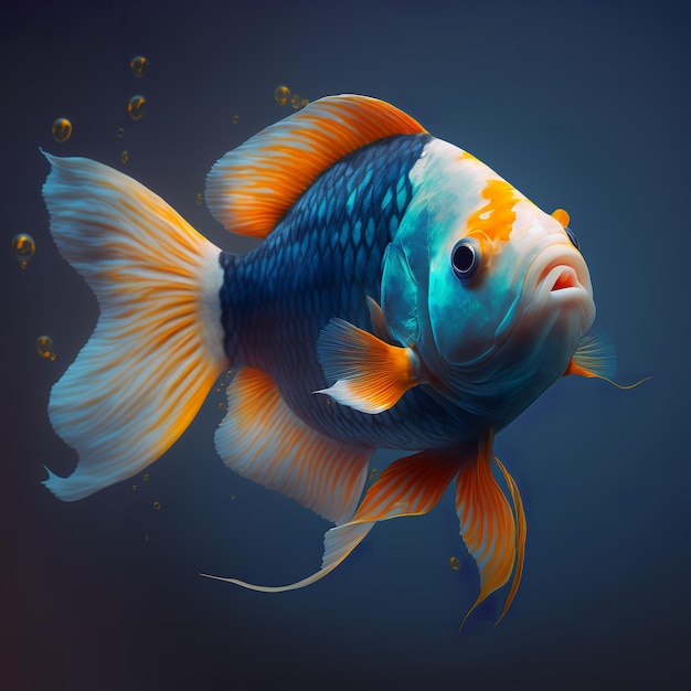 Peixes caçadores azuis e amarelos nadando em fundo azul escuro
