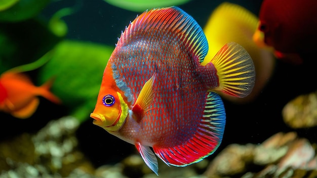 Peixes coloridos das especiarias simfisiotomia disco em aquário close-up foco seletivo