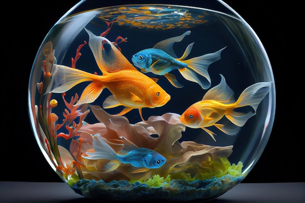 Peixes coloridos nadando no aquário Lindos peixes em aquário de vidro redondo IA generativa