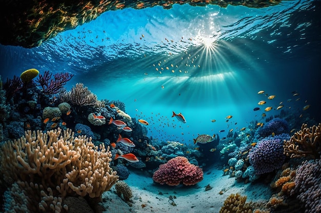 Peixes corais coloridos subaquáticos do dia ensolarado na água azul Generative AI