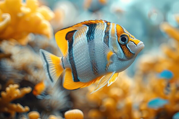 Peixes de aquário nadando graciosamente entre os corais para um anúncio de suprimentos de aquário calmante e bonito