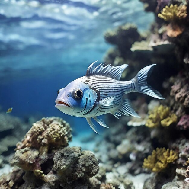 Peixes de beleza subaquática nadando em recifes azuis tropicais