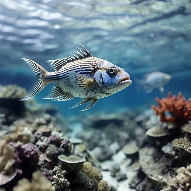 Foto peixes de beleza subaquática nadando em recifes azuis tropicais