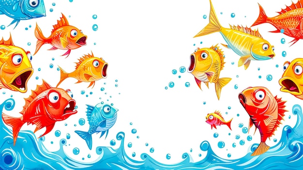 Peixes de desenho animado coloridos e bolhas em fundo branco