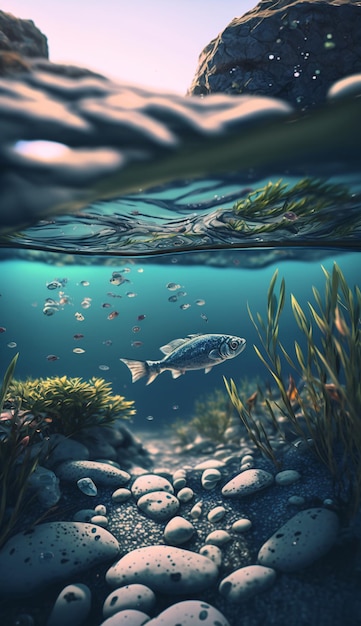 Peixes debaixo d'água em um delta de rio água azul e cena subaquática