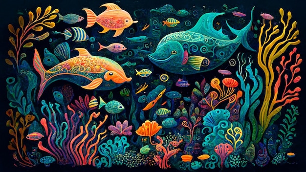 Peixes e corais de cores brilhantes em uma cena oceânica escura