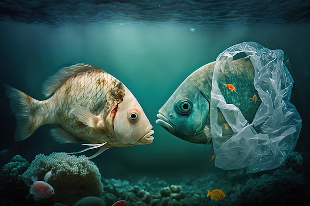 Peixes e peixes mutantes no mar poluídos por lixo e sacos de plástico
