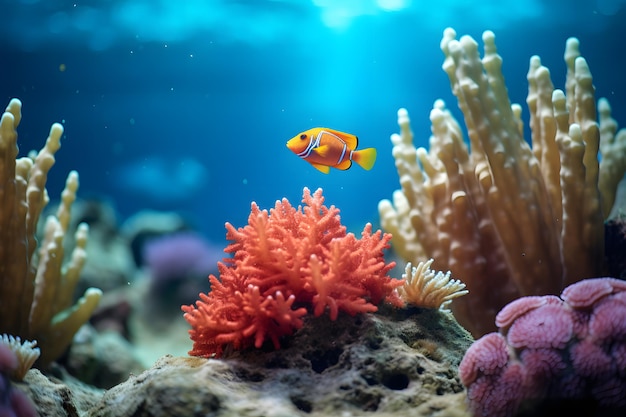 peixes exóticos do recife de coral nadam entre os corais do oceano