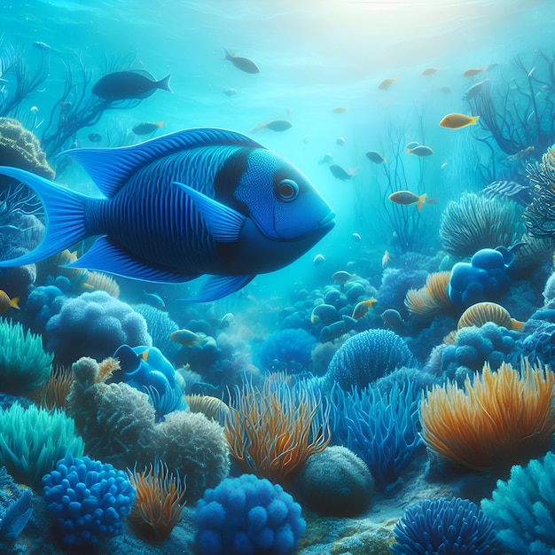 Peixes grandes e pequenos entre as algas no mar Conceito do mundo subaquático