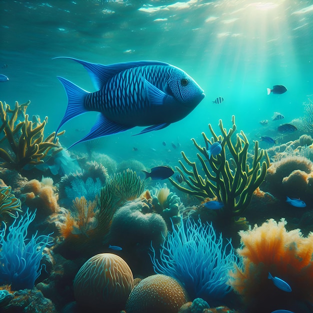 Peixes grandes e pequenos entre as algas no oceano Conceito do mundo subaquático