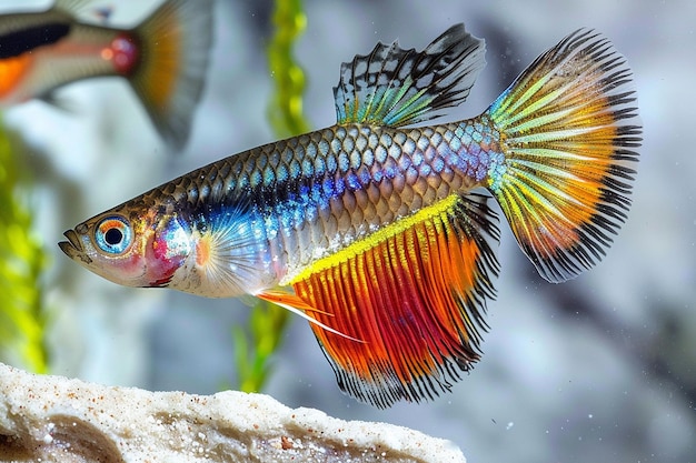 Peixes guppy coloridos em aquários comunitários