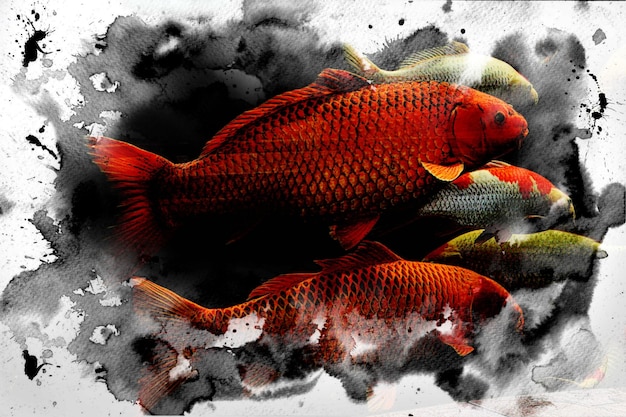 Peixes Koi Carp nadando na lagoa. ilustração de aquarela de peixe