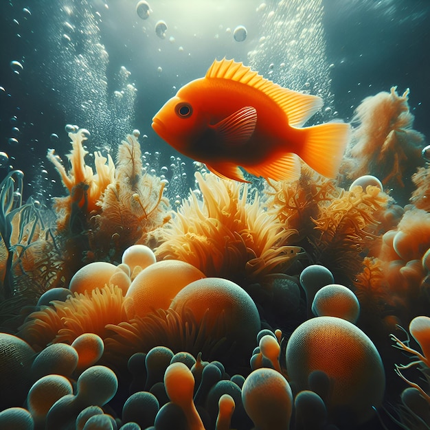 Peixes laranjas entre as algas no conceito de mundo subaquático do oceano