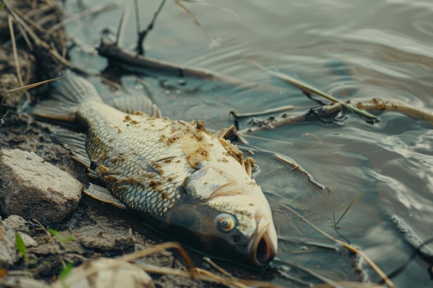 Foto peixes mortos em uma margem poluída de um rio em uma cena de crise ambiental nebulosa