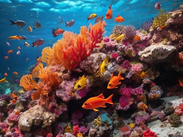 Peixes multicoloridos nadando num recife de coral vibrante