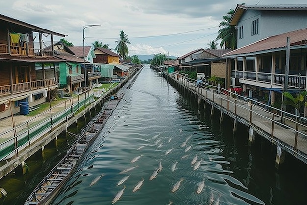 Peixes nadam no canal da aldeia de baan ning, em Phare, na Tailândia