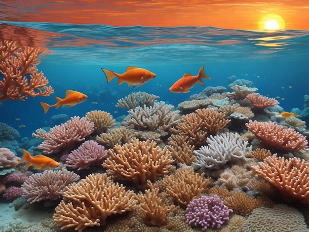 Peixes nadando em um recife de coral ao pôr do sol