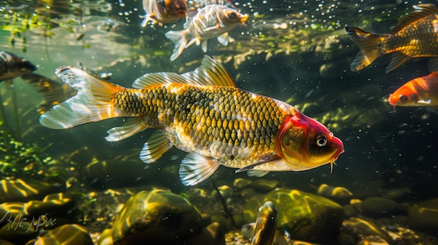 Foto peixes nadando nas águas rasas de um rio suas escamas coloridas brilhando à luz do sol