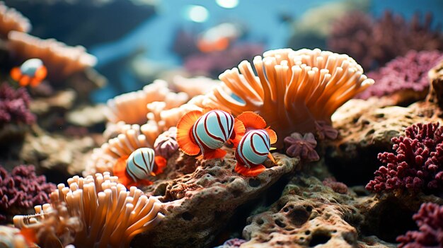 Peixes-palhaço nadando em recifes vibrantes exibindo beleza natural