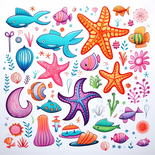 Foto peixes polvos tubarões cobras marinhas caranguejos estrelas do mar página de livro para colorir