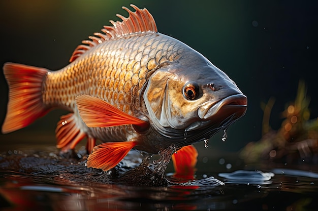 Peixes saltar para a superfície do rio no meio do rio Crucian carpa na superfície da água prestar atenção aos detalhes e cores AI gerativa