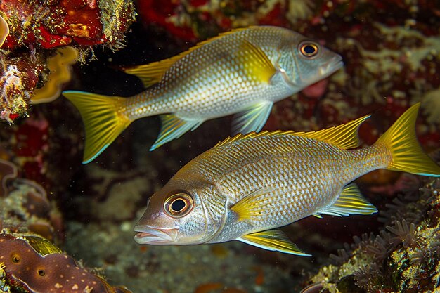 Peixes subaquáticos nadam em um recife colorido mostrando a beleza da natureza gerada