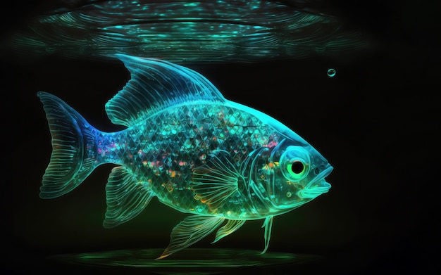 Peixes translúcidos com neon brilhando no fundo marinho escuro peixe verde turquesa com brilho de neon