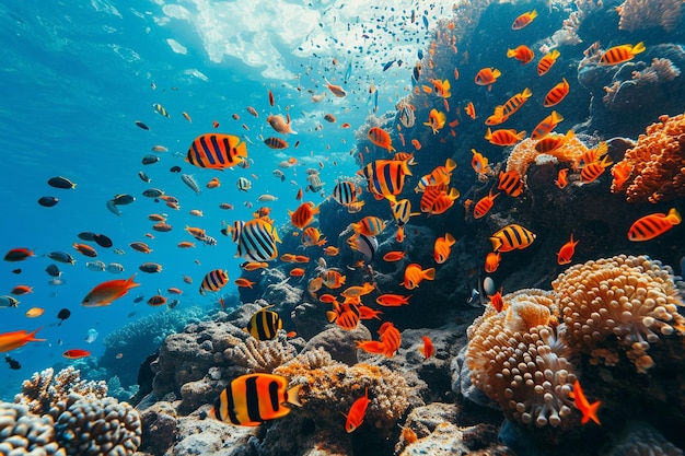 Peixes tropicais na área de recifes de corais