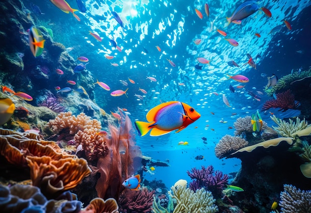 Peixes tropicais prosperam entre os recifes de coral
