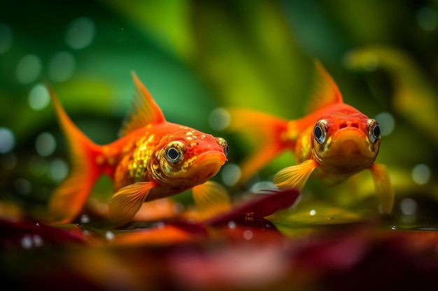 Foto peixinho dourado em um aquário com folhas verdes