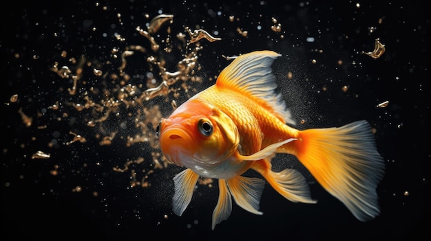 Peixinho dourado no ar com bolhas no fundo