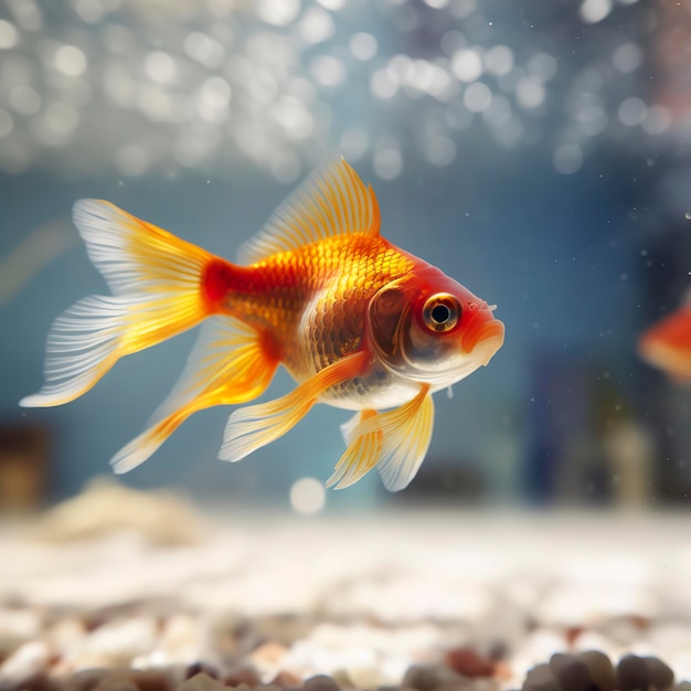 Peixinhos dourados lindamente coloridos nadam na água clara do aquário Animação 3d nadando peixinho dourado AI Generative