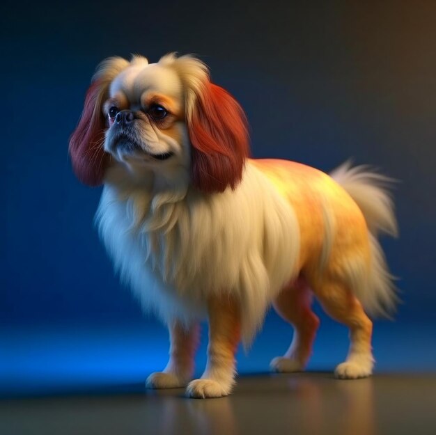 Pekinés está en toda su altura en un estudio oscuro