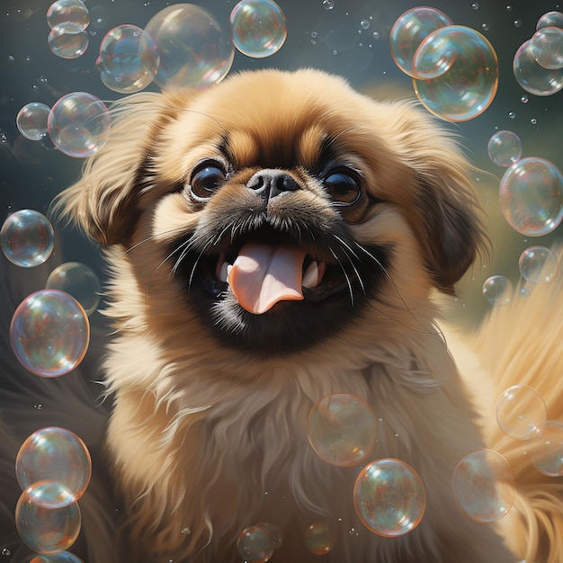 Un pekinés jugando en burbujas