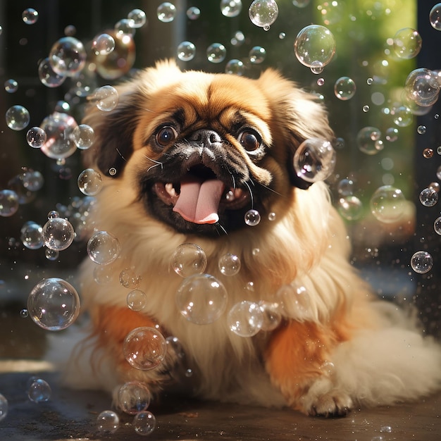 Un pekinés jugando en burbujas