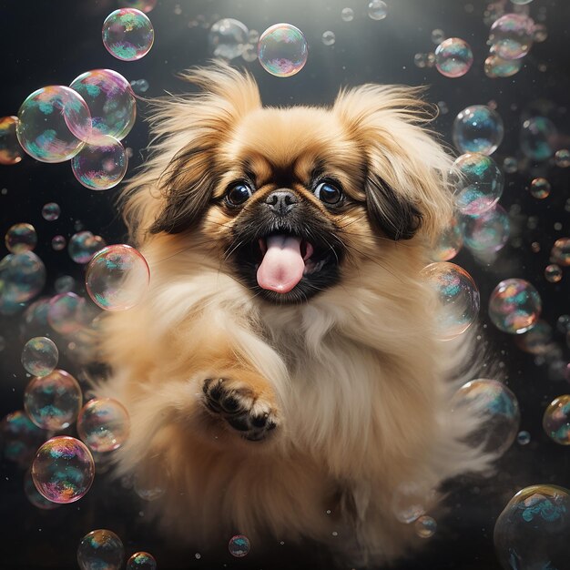 Foto un pekinés jugando en burbujas