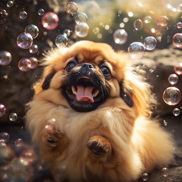 Un pekinés jugando en burbujas