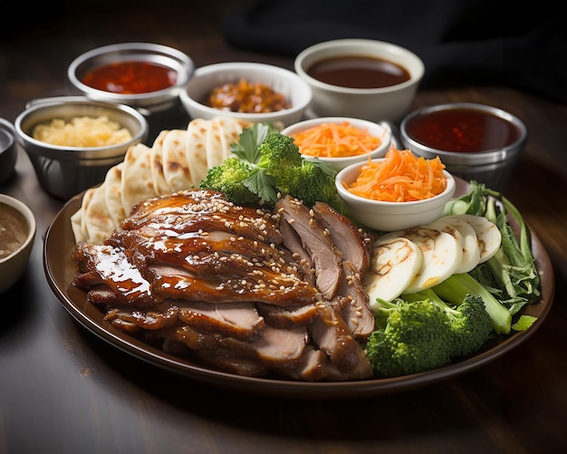 Peking-Ente ist ein chinesisches Gericht, bei dem die Ente knusprig gebraten und mit Fladenbrot-Hoisin-Sauce und von AI erzeugtem Gemüse serviert wird