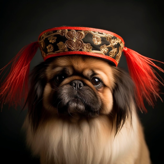 Pekingese in nationaler chinesischer Mütze chinesische Hunderasse lustig süßes Haustier