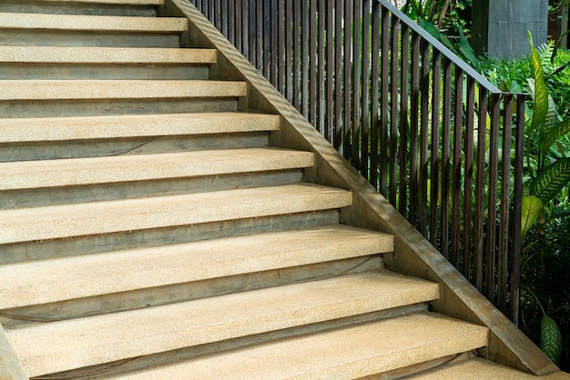 Peldaño de escalera con árbol tropical en el jardín