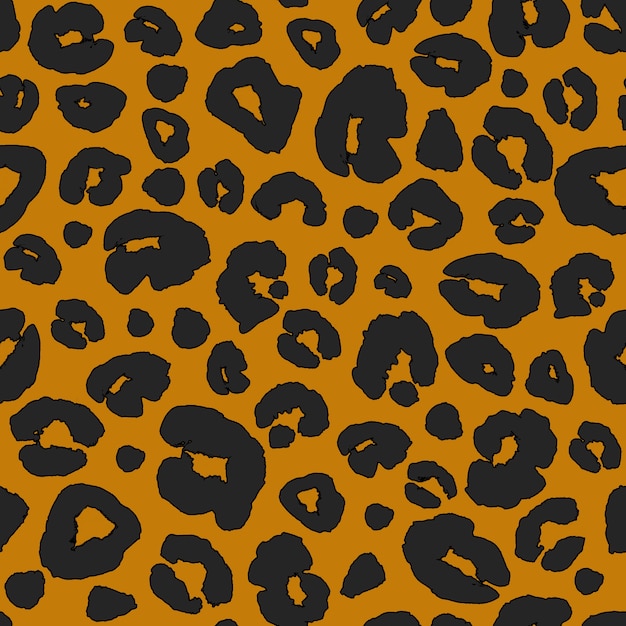 Pele de leopardo imprimir sem costura de fundo. Textura de camuflagem abstrata mancha de pele de animal. Impressão manchada desenhada de mão preto e laranja para têxteis, tecidos, papel de embrulho, papel de parede.