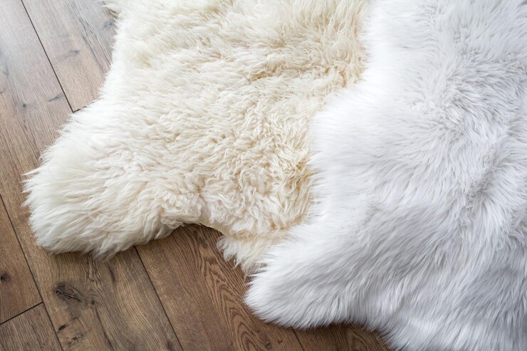 Foto pele de ovelha natural e sintética no piso laminado da sala vista de cima comparação entre natural e sintético
