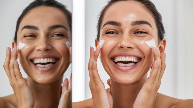 Foto pele natural em close-up retrato de beleza de uma mulher linda rindo aplicando creme facial