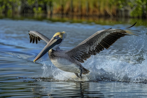 Pelicano aterrizando en el agua Isla de las Aves Indian River Lagoon Florida Estados Unidos