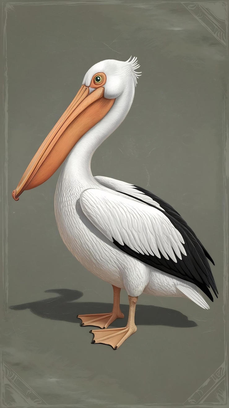 Foto pelícano blanco en un fondo gris ilustración 3d estilo vintage