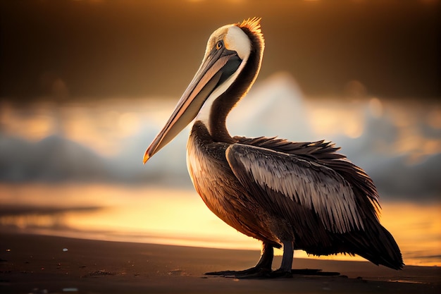 Un pelícano se encuentra en una playa con la puesta de sol detrás de él.