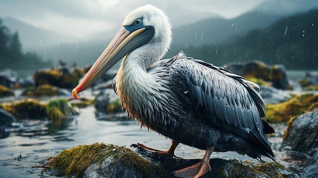 Un pelícano de pie en una roca bajo la lluvia