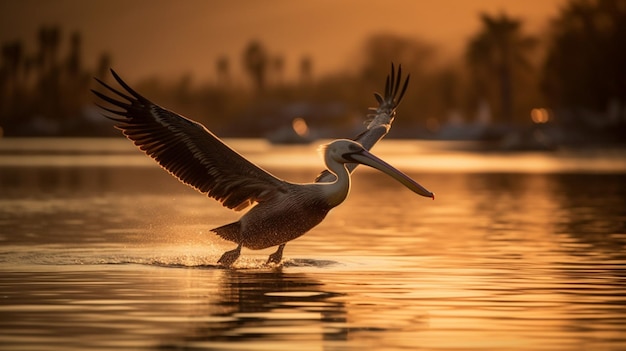 Pelicano pousando na água ao pôr do sol