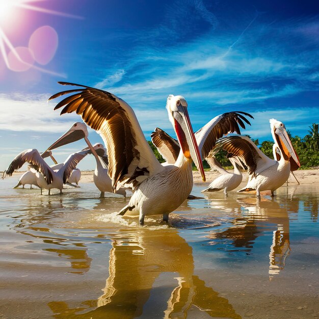 Pelicanos en el agua en un día soleado