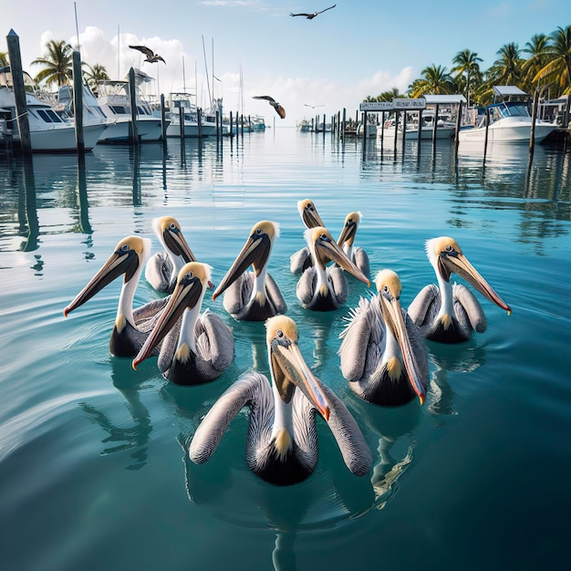 Pelicanos enjambando el muelle en Robbies